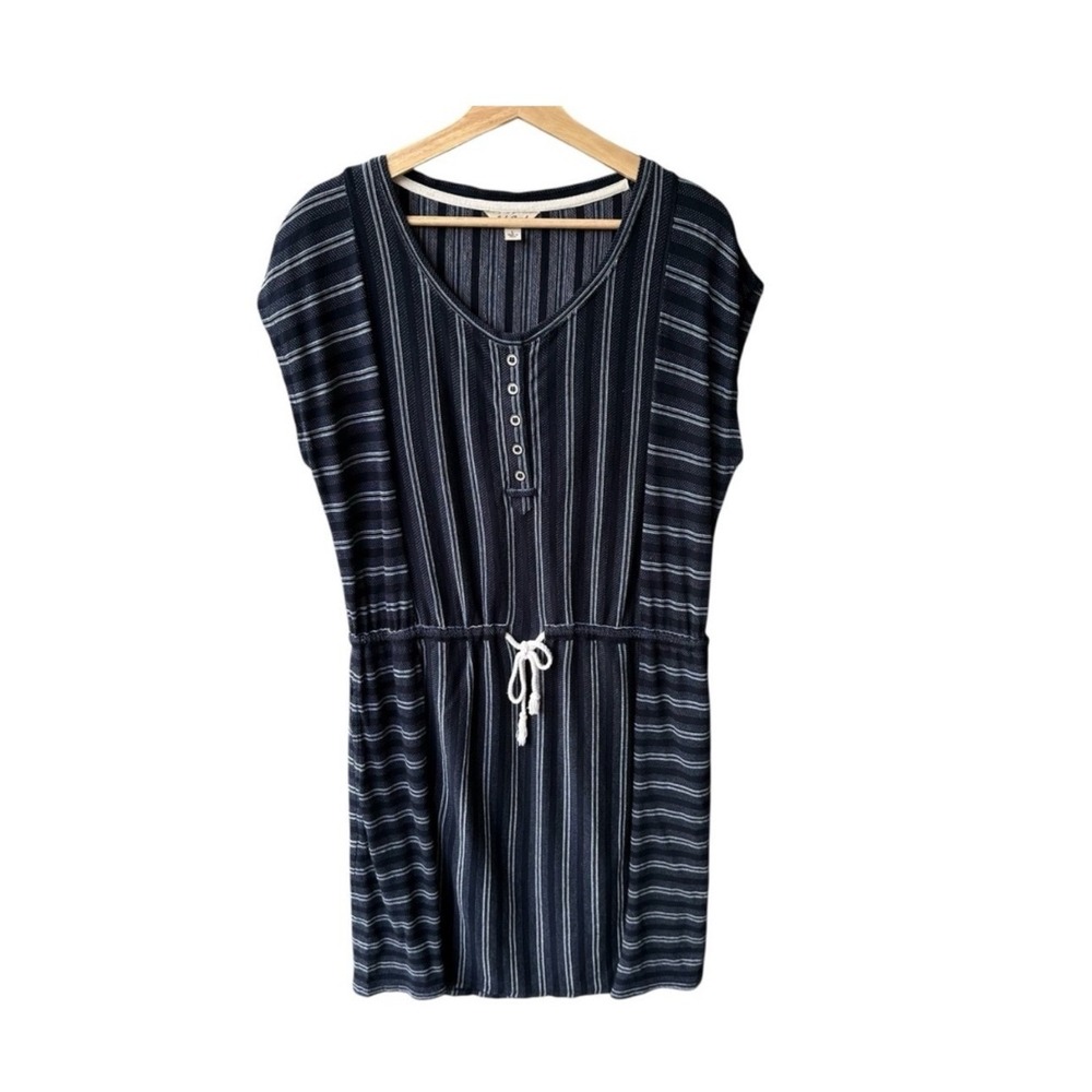 Lucky Brand Dress Navy Blue Striped Cotton Henley Mini Drawstring Boho Sz Large